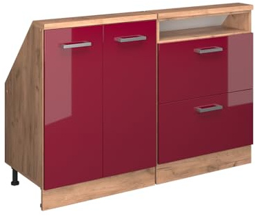 Vicco Dachschrägenschrank-Set Rion, Rot Hochglanz/Goldkraft Eiche | B120 x T46 cm, 2er Set, platzsparend für Dachschrägen