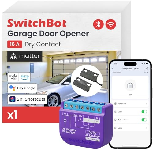 SwitchBot Ouvre-porte de garage intelligent sans fil, certifié New Matter, commande par application, compatible avec Alexa/Google/Siri/IFTTT/SmartThings, plusieurs modes de notification, aucun hub