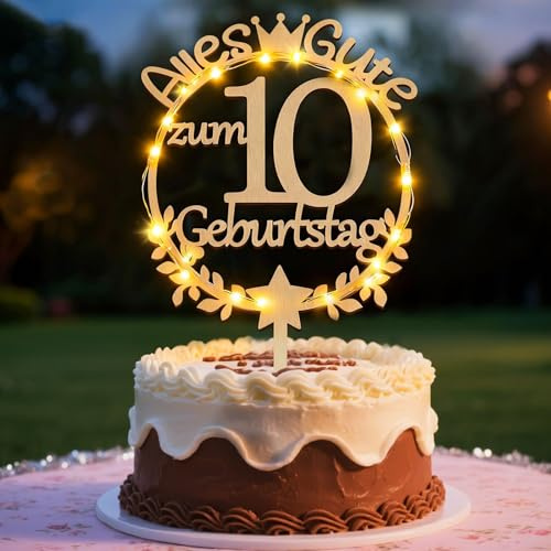 Geburtstag 10 Jahre Mädchen Tortendeko, 10. Geburtstag Mädchen Cake Topper | 10 Geburtstag Mädchen Deko mit LED, Geburtstagsdeko 10 Jahre Mädchen aus Holz, Kronenmotiv als Kuchen Deko zum Geburtstag