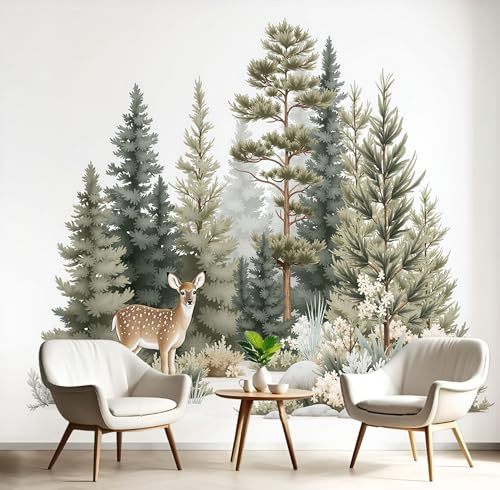 ANALTIRCE Papier Peint Intissé Aquarelle Forêt, Papier Peint Panoramique Motif Cerf Animal Forêt, Fresque Murale 350× 256cm, Décoration Murale XXL Pour Salon, Chambre, Bureau