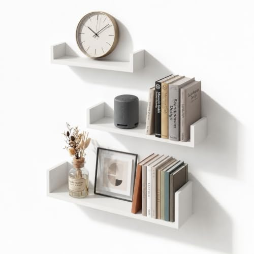 Weiß U-förmige Schweberegal 3er Set Wandregale für Bad Küche Wohnzimmer | 3er-Set U-förmige weiße Wandregale, wandmontierte Deko- und Ablageflächen, ideal für Schlafzimmer, Küche und Wohnzimmer