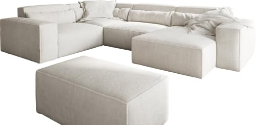 DELIFE Wohnlandschaft Sirpio Bouclé Creme-Weiß 300x210 cm Recamiere variabel mit Hocker