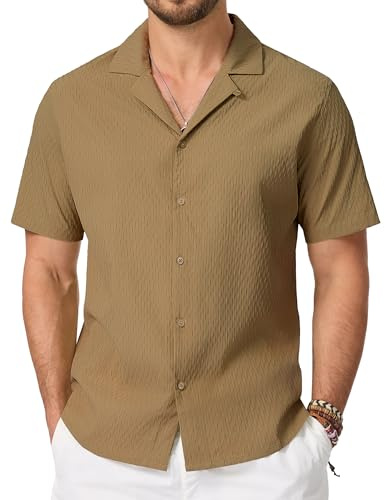 Cavva Men's Shirts Cuban Guayabera Short Sleeve Button Down Textured Shirt | Classic guayabera design,button down short sleeve,breathable textured cuban shirts,perfect for beach or summer holiday party