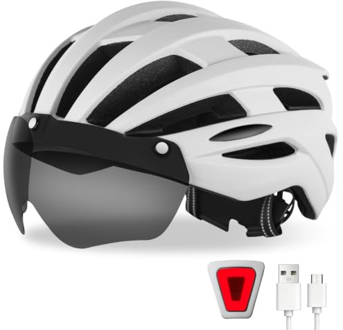Fahrradhelm mit LED Licht und Viser Stadthelm mit Magnetischem Brille Unisex-Größenverstellbarer Helm Mountainbike Helm Ultraleichter Radhelm Cityhelm mit Aufladung Rücklicht 58-61CM