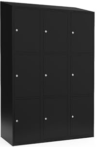 kaiserkraft | 3er-Schließfachschrank Fydor | 3 Abteile | Schwarz | B 1200 mm | schräge Dachform | Zylinderschloss