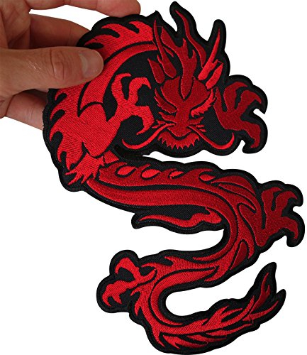 ELLU Großer bestickter chinesischer Drachen-Aufnäher zum Aufnähen auf Jacke, Hemd, Biker (14 cm x 22 cm, Rechteckig, Tier, 1 Stück)
