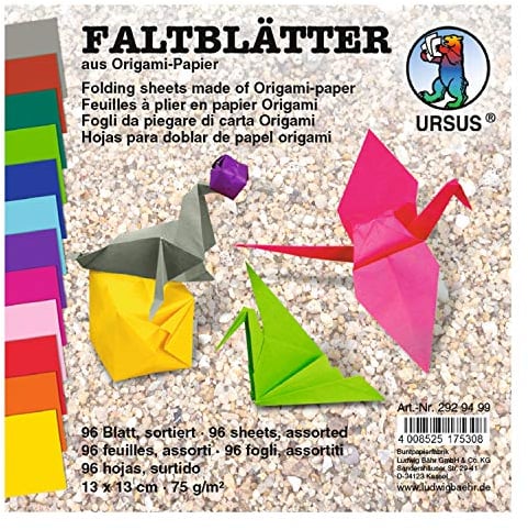 Ursus 2929499 Faltblätter aus Origami Papier, 13 x 13 cm, 75 g/qm, 96 Blatt sortiert in 12 intensiven Farben ideal zum Papierfalten und für andere kreative Bastelarbeiten