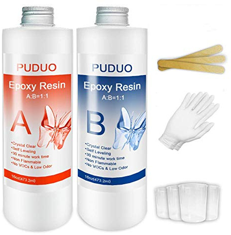 Epoxy Resin Clear Kit for Art, Jewelry, Crafts, Keychain - 32 OZ Including 16OZ Resin and 16OZ Hardener with Tool Kit 4 pcs Measuring Cups, 3pcs Sticks, 1 Pair Rubber Glove