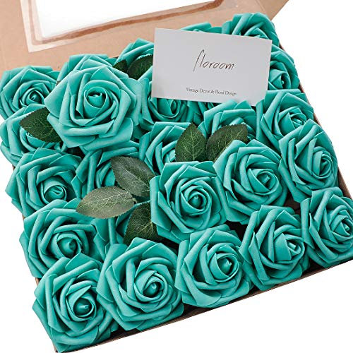 Künstliche Rosen, elfenbeinfarben, 50 Stück, echt aussehende, künstliche Rosen mit Stiel für DIY Hochzeitssträuße, Tafelaufsätze, Arrangements, Babyparty, Heimdekoration. 25pcs Regular 3 petrol