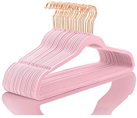 MIZGI Lot de 50 cintres en Velours de qualité supérieure - Résistants - Antidérapants - Rose Clair - Crochets en cuivre/Or Rose - Cintres Peu encombrants