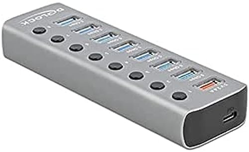 Delock USB 3.2 Gen 1 Hub mit 7 Ports + 1 Schnellladeport + 1 USB-C PD 3.0 Port mit Schalter und Beleuchtung