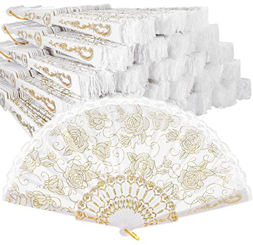 Yalikop Rose Lace Floral Hand Fans Retro Elegant Chinese Folding Fan White Vintage Bridal Handheld Dancing Fan Props for Wedding Party Church Ladies Girls Favors (Gold, 48 Pieces)
