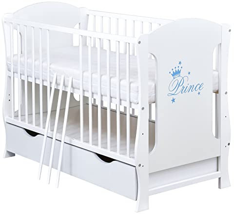 Baby Delux Babybett Kinderbett Juniorbett umbaubar 120×60 Weiß Nelly Prince Schublade Matratze