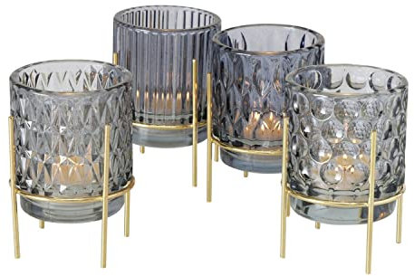 MamboCat 4tlg Set Windlicht Noria grau mit Ständer I Ø11cm, H7cm I 4 Dekore I Teelichthalter aus Glas, Tisch-Deko mit Relief & goldenem Halter I Kerzenhalter für Wohnzimmer, Esstisch&Co, Candle Holder