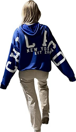 Worldclassca Damen Mädchen Oversized Hoodie Kapuzenpullover Lounge Sweatshirt Bedruckt Chicago New York Uni Farben Freizeit Sport Langarmshirt Oberteil Pulli Blogger NEU