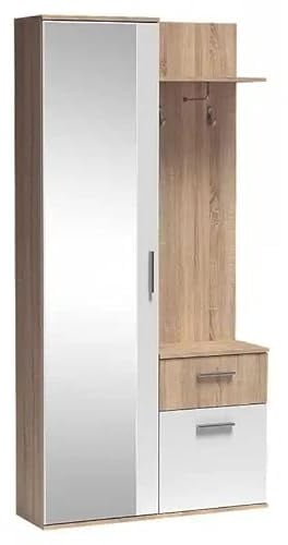 MINIO go for it - Flurgarderobe Schmal Alex I Flur Möbel 97cm Breit I Flurgarderoben mit Spiegel I Garderobenset Garderobenpaneel Wandgarderobe mit Ablage und Schuhschrank I Sonoma Eiche/Weiß