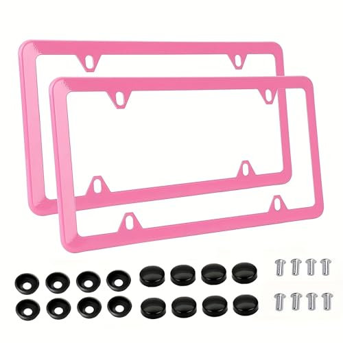 Fashion 4 Holes Super Slim Matte Pink License Plate Frames,Stainless Steel License Plate Covers,Weather Proof License Plate Holder for Women(Super Slim Pink,2PCS)