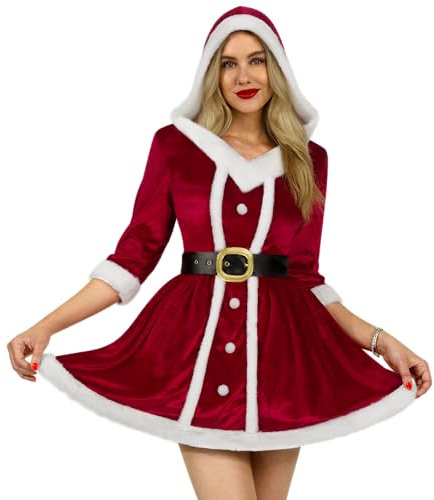 Giggling Getup Frau Claus Santa Weihnachtskostüm für Frauen, Weihnachten Santa Adult Kleiderset mit Kapuzenkleid, Gürtel (L)