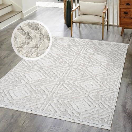Kurzflor Teppich Wohnzimmer Beige - 160x230 cm - Raute-Muster, Relief-Optik - Fransen-Teppiche Modern, Boho für Schlafzimmer, Esszimmer