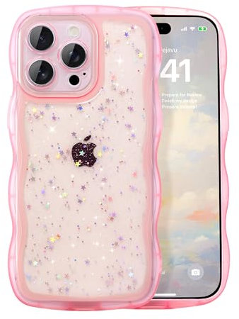 IAIYOXI Case for iPhone 12 Pro Max - Curly Wave Edge Design, Bling Glitter Star Shiny Case, Cute Pink Clear Full Protection Soft TPU Shockproof Cover for Women and Girls (iPhone 12 Pro Max, Pink)