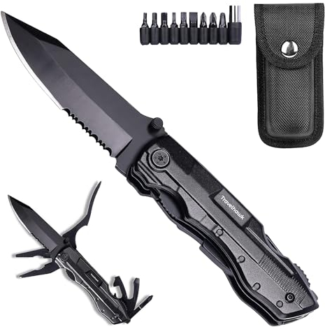 TravelHawk Taschenmesser Klappmesser - 14-in-1 Multitool - Einhandmesser Klappbar Multifunktionswerkzeug DIY Schraubendreher, Bit-Set, Säge, Flaschenöffner Outdoor Messer Survival Geschenk für Männer