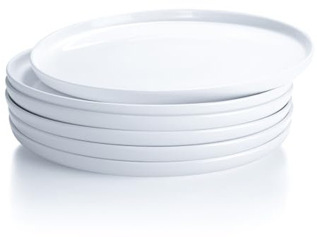 AntoKueh Set di 6 piatti in ceramica bianca, piatti rotondi da dessert da 20 cm, piatti piani bianchi con bordi rialzati, adatti per snack, pane, adatti al microonde