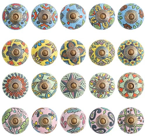 GlobeeCraft Ceramic Furniture Knobs - Elegant Hand Painted Vintage Style Drawer, Cupboard, Wardrobe, and Cabinet Knobs - Set of 20 Unique Pieces