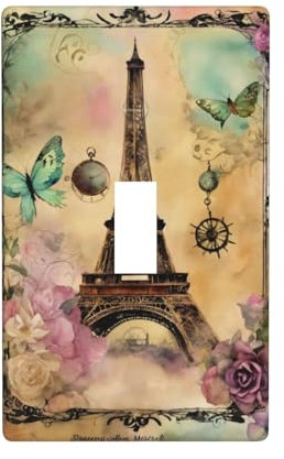 Jbyjbx Lichtschalter mit Paris-Eiffelturm-Druck, Einzel-Kippschalter, Wandplatte, 1-Gang-Lichtschalter, Abdeckung, dekorativ, funktional