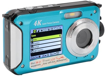 wasserdichte Unterwasserkamera, 4K 56MP Digital mit 16-fachem Zoom, Dual-Screen-64G-Karte, Autofokus, Gesichtserkennung, 1250-mAh-Akku Zum Schnorcheln (Blue)
