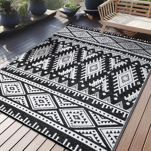 Homaxy Outdoor Teppich Wetterfest, Kunststoff Stroh Faltbar Waschbar UV-beständig Wendbar Balkon Garten Teppich für Terrasse Camping Picknick (180 x 270 cm, Schwarz & Weiß)