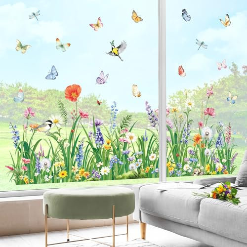 decalmile Pegatinas de Ventana Hierba Verde Primavera Vinilos para Ventanas Flores Planta Mariposas Rodapié Anticolisión Vinilo No Adhesivo de Pegatinas Vidrio Ventana