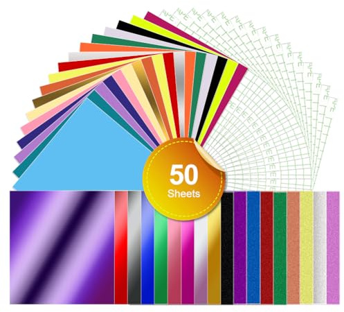 Juego de 50 Vinilo Inteligente Permanente para Cricut Explore 3/Maker 3, 33 x 30,5 cm, Vinilo adhesivo Inteligente Permanente Brillo Vinilo Cromo Brillo con lámina de transferencia Vinilo Autoadhesivo
