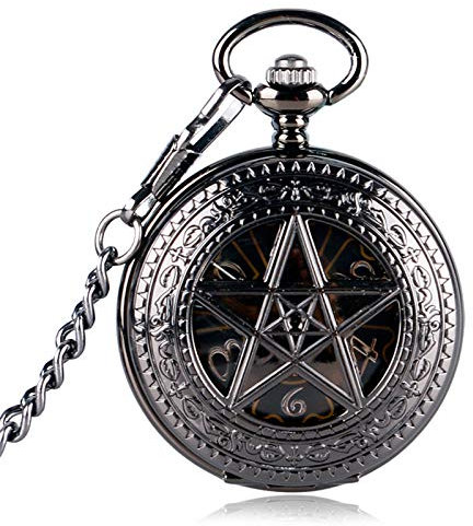 KWMAEEUID Schwarze Taschenuhr Stunde Heiße TV-Serie Supernatural Pentagramm Mechanische Handaufzug Krone Muster Steampunk