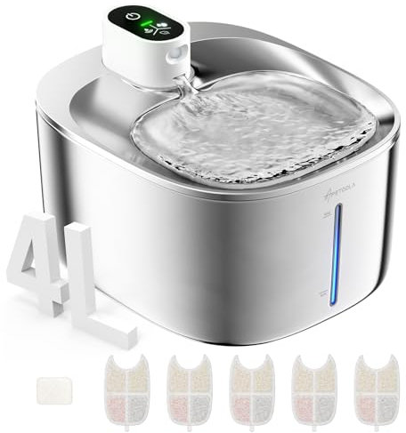 Fontaine a Eau Chat INOX sans Fil en Acier, 4L Fontaine pour Chat avec Capteur Automatique, Ultra Silencieux avec Batterie 4000 mAh, FS10pro