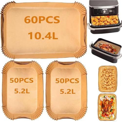Papier Cuisson Air Fryer 160 Pcs Compatible Cosori Air Fryer 10L Twinfry Air Fryer Ninja 10,4L Foodi Flex AF500EU et Air Fryer Cecotec Cecofry Dual 9000 9L avec 1 Pinceau en Silicone Offert