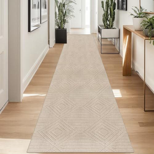 Capslpad Teppich Läufer Flur 80x300cm Beige Modern Waschbar Küchenläufer Teppich 3D Geometrie Hoch Tief Effekt rutschfest Teppiche Weich Teppiche für Wohnzimmer Schlafzimmer