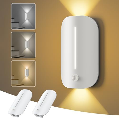 2 Pack Motion Sensor Night Light, Dusk to Dawn Sensor Light with 3CCT Adjustable, Magnetic Stick on Battery Operated Night Light for Hallway, Stairway, Bathroom, Bedroom, Kitchen (Arc Shape)