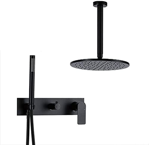 Système de douche, ensemble de mitigeur de douche encastré en laiton noir mat à montage au plafond avec douche supérieure en laiton de 8 à 12 pouces et douche à main, ensemble de douche de luxe, 8