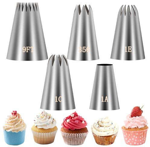 5 Stück Spritztüllen Groß,Edelstahl Tüllen Groß Set,Wiederverwendbar Profi Nahtlos Düsen Tüllen für Spritzbeutel,Spritzsack Sahne Spritztülle für Kuchen Torten Keksen Dekoration(1a 1e 1c 9ft 356)