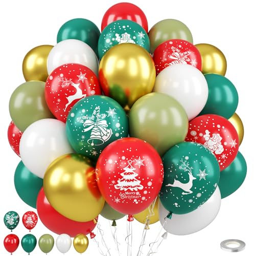 Christmas Balloons, Red Green Gold Balloons with Tree Elk Santa Claus Print Balloon, Retro Green Gold Red and White Xmas Party Balloon for Christmas Birthday New Year Winter Holiday Party Decorations
