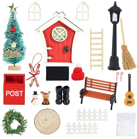 25 Stück Wichteltür Set Zubehör Weihnachten, Weihnachtswichtel Set mit Rentier, Schneemann & mehr, Feentür, Briefkasten, Stiefel, Zaun, Leiter, Kranz für Kinderzimmer Adventskalender & Weihnachtsdeko