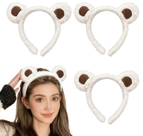 3Pcs Furry Bear Ears Headband for Women & Girls, Soft Plush Animal Ear Hair Band, Cute Costume Party Accessories for Halloween, Cosplay, Dress Up (White)