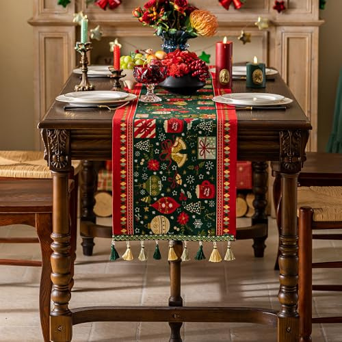 MocArt Weihnachts-Quasten-Tischläufer, Waschbare Tischdekoration, Für Weihnachtsfeiertage (Esszimmer/Schlafzimmer, Schminktisch/Beistelltisch) (Grüner Hintergrund & Teetasse, 35 x 220 cm)