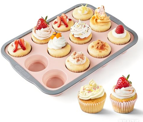 SIWOKJJO Silicone Muffin Trays for Baking with Metal Reinforced Frame | Nonstick 12 Cups Easy to Pop Cupcake Baking Pan Molds for Oven Dishwasher Safe Making Muffins, Cupcakes