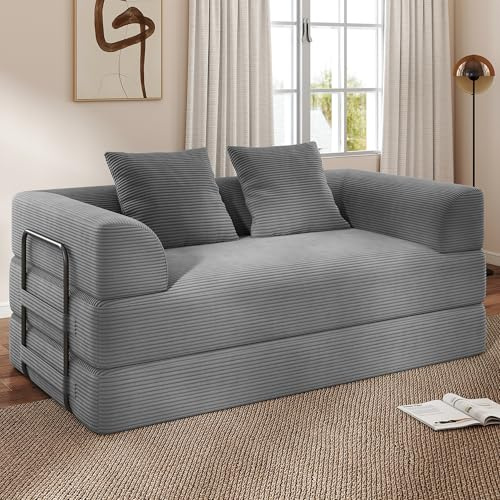 Cloud Boneless Couch Futon Sofa Bed, 5-in-1 Convertible Sofa Bed Pull Out Couch Sleeper Sofa Compressed Loveseat, 70 High-Density Sponge & Corduroy Fabric Futon Daybed for Living Room Bedroom (Gray)