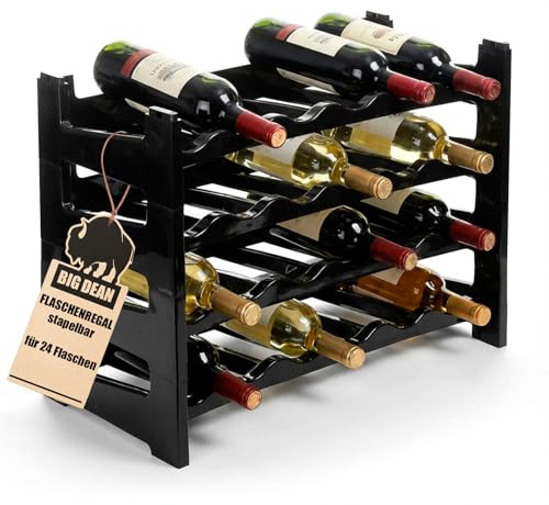 BigDean Flaschenregal stapelbar für 24 Flaschen Weinregal aus Kunststoff | Farbe Schwarz, Getränkeregal Flaschen Regalsystem für Glas- & PET bis 1,5 Liter, Weinflaschenregal, Stapelregal