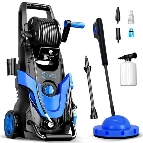 LANCHEZ Hochdruckreiniger 135 bar max Druck, Fördermenge 420 l/h, Inkl. Schlauchtrommel, 4 Schnellanschlussdüsen, Zulaufschlauch und Filter und Schaumdüse für Auto, Terrasse, Blau