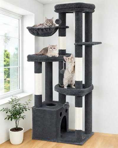 Kratzbaum Groß mit Mehrere Ebenen Kratzbaum Grosse Katzen Stabil | Kratzbaum XL 170 cm hoch，Katzenbaum Grau mit 4 Kratzsäulen, 6 Plüschbälle, Plattformen, Höhlen, Hängematte