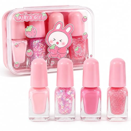 4 Farben Kinder Nagellack Set Abziehbar, Wasserbasierter Ungiftiger Nagellack für Kinder Mädchen ab 3 Jahren, Schnell Trocknend, Rosa Glitzer Nail Polish Geschenkset mit Aufbewahrungsbox, 4 x 2 ml