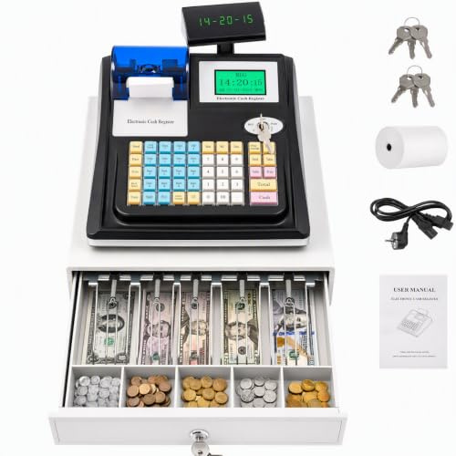 48 Tasten Elektronische Registrierkasse mit Abschließbar Kassenschublade | Gastronomie Einzelhandel Kassensystem LED Kundenanzeige POS System für Restaurants Supermärkte Großmärkte 100-240V